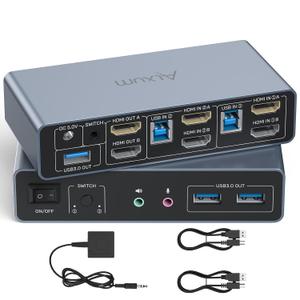 Alxum 2 Port HDMI KVM Switch with Audio and Microphone Ports-2 Monitors Share 2 PC,Dual Mode Switching Support Copy or Extended Mode 4K@60Hz 3 USB A 5Gbps,Includes Desktop Controller, 2 USB Cables