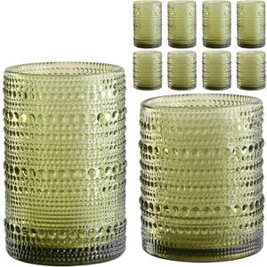 ZMOWIPDL Vintage Hobnail Drinking Glasses Set of 8,Green 12 oz & 15oz Highball Glass Cups, Kitchen Drinkware Glassware,Embossed Water Tumbler,for Beer,Cocktail,Whiskey,Juice and Various Mixed Drinks