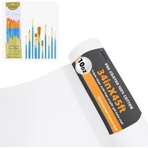 34 in × 45 ft Canvas Roll for Painting with Acrylic Paint Brush Set, 10 oz Cotton Primed Canvas Roll, Triple Gesso Primed, Painting for Oil & Acrylic, Hobby Artist