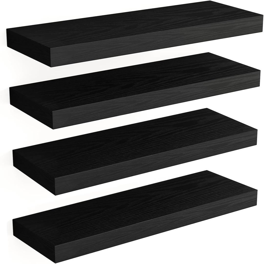 Fixwal Floating Shelves for Wall, Wall Mounted Rustic Wood Shelves for Bathroom, Living Room, Bedroom and Kitchen, Wall Shelves for Storage,Books,Room Decor (Black, Set of 4, 15.8 Inch)