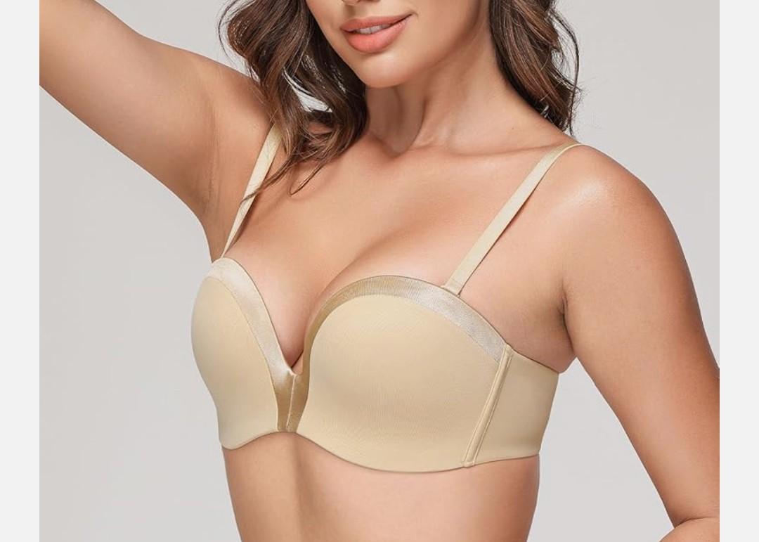 Joktty Women's Wireless Strapless Bra Push Up Lightly Padded Bandeau Bras NonSlip Silicone Smoothing Convertible Bralette(Nude, 34C)