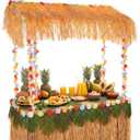 8 Pcs Tiki Bar Stand Supplies Tiki Hut Decorations Hawaii Luau Party Decorations with 1 Set White Plastic Stand 1 Thatch 2 Monstera Leaf Banners 4 Tinsel for Summer Party Supplies Outside Patio