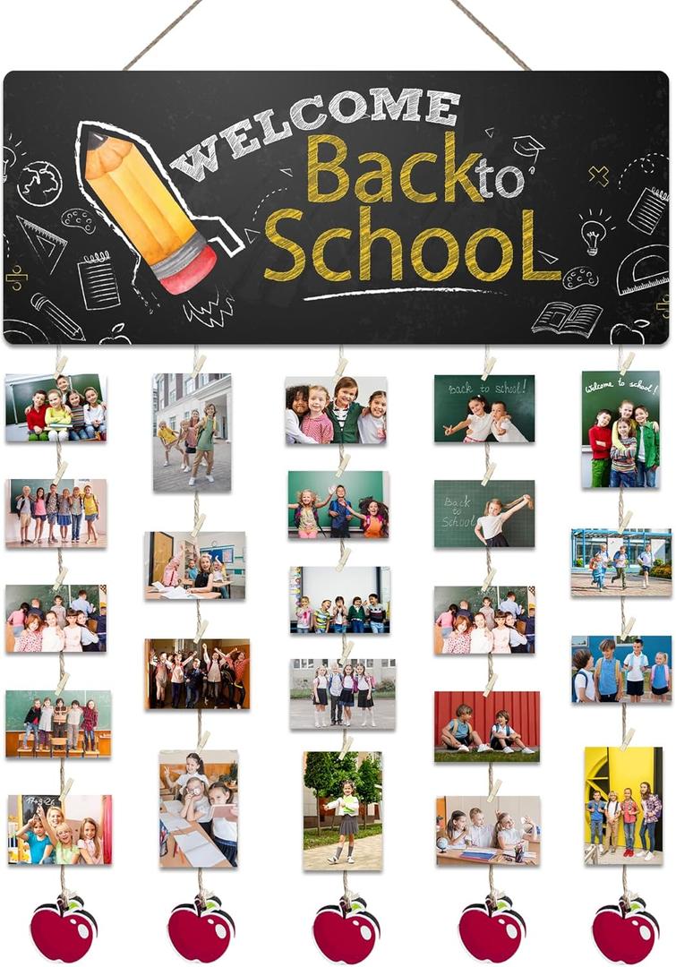 Back To School Decoration - 13'' x 5.5'' Pencil Welcome Wooden Sign With 5 Hanging Apples - Photo Hanging Display Picture Board with 30 Clips - Wall Art Classroom Wall Plaque Decor & Supplies - A05