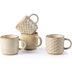 GBhome 6OZ Stackable Coffee Mugs, Ceramic Coffee Mugs with Texture Patterns for Man,Woman,Dad,Mom, Modern Coffee Cups Set of 4 for Espresso/Cappuccino. Dishwasher&Microwave Safe