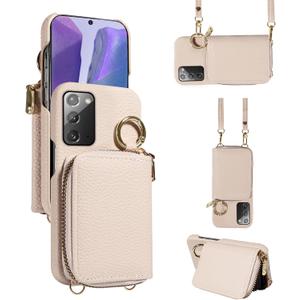 Wallet Case for Samsung Galaxy Note 20 5G with Shoulder Strap Ring Buckle, PU Leather Zipper Flip Organ Purse, Card Holder Stand Phone Cover for Note20 Notes 20s Twenty Not S20 Women Men White