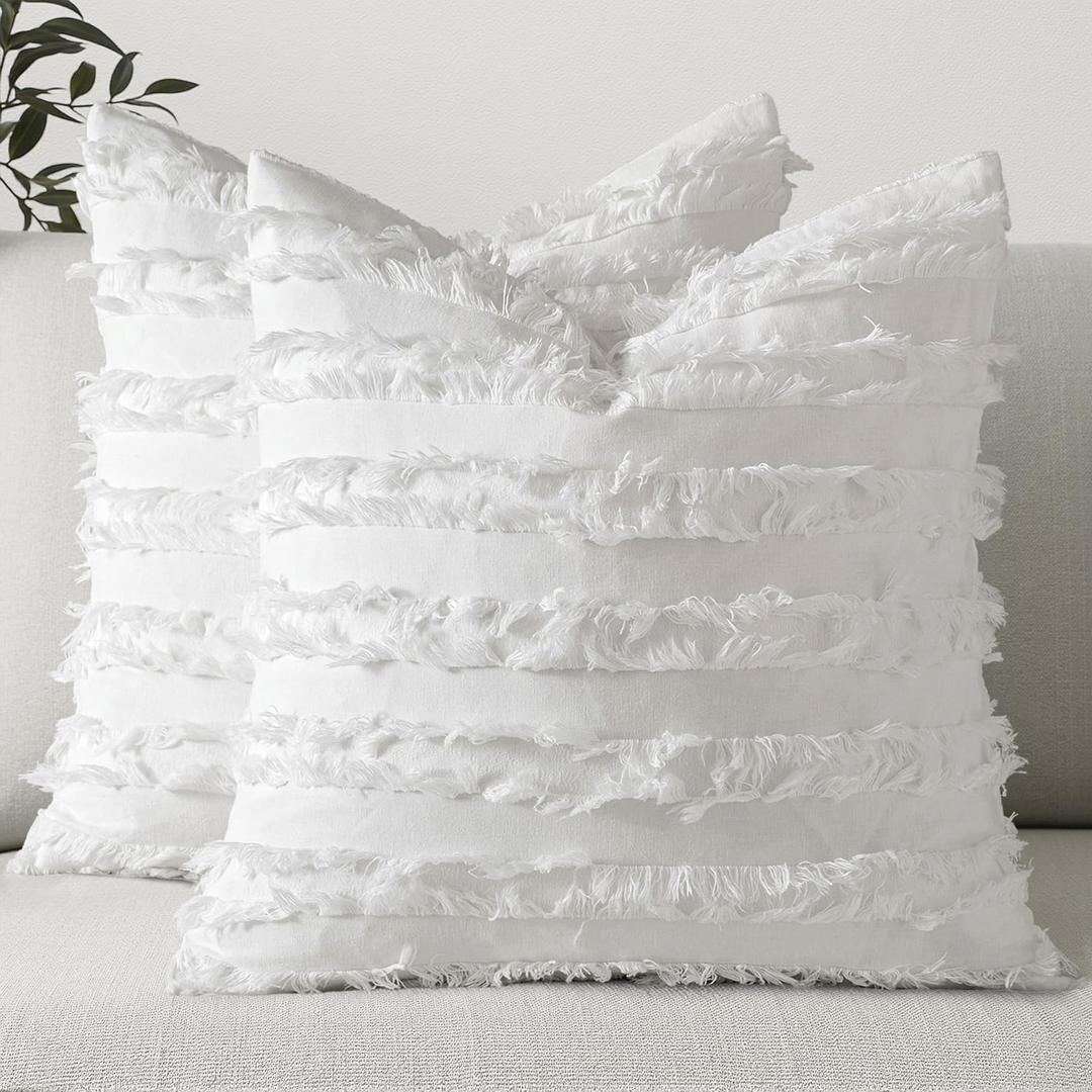 MIULEE Set of 2 Decorative Boho Throw Pillow Covers Linen Striped Jacquard Pattern Cushion Covers for Christmas Sofa Couch Living Room Bedroom 18x18 Inch White