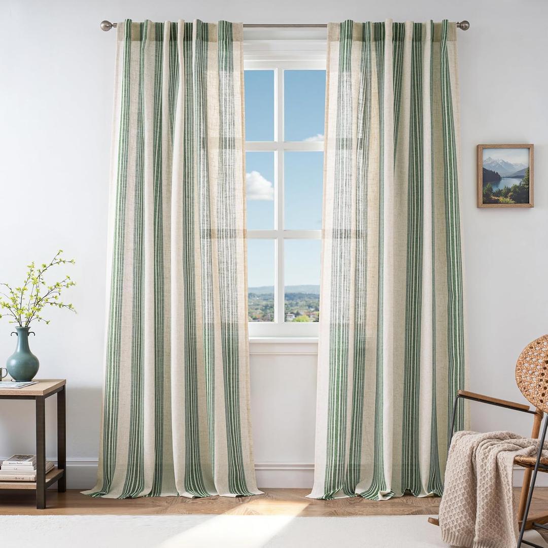 DriftAway Farmhouse Curtains for Living Room Vertical Striped Linen Curtains Semi Sheer Light Filtering Back Tab Rod Pocket Window Treatments, 96 Inches Long, 2 Panels, Loden Green on Beige