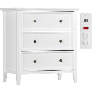 IKENO Solid Wood Nightstand with 3 Drawers and Power Outlet, Tall Bedside Cabinet 16.8" D x 27.6" W x 26.8" H, Single Unit for Bedroom, White