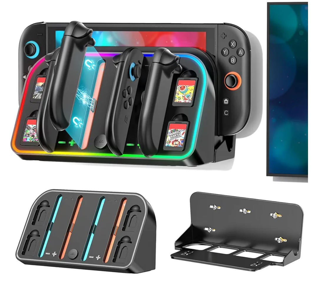 Switch 2 Wall Mount Charging Dock for 2025 Joycon 2, Wall Mount Kit Shelf for Nintendo Switch 2 Accessories, RGB Charger Dock Station with 4 Game Storage Holder for Nintendo Game Console Holder Stand