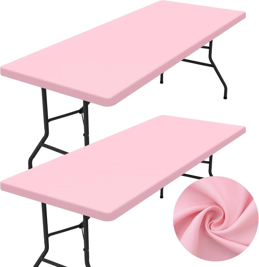 homing 2 Pack Rectangle Table Cloth, Elastic Fitted Fabric Tablecloth Fits for 6 Foot Folding Tables, Washable Table Cover for Picnic, Camping, Indoor & Outdoor (Pink, 30" x 72")