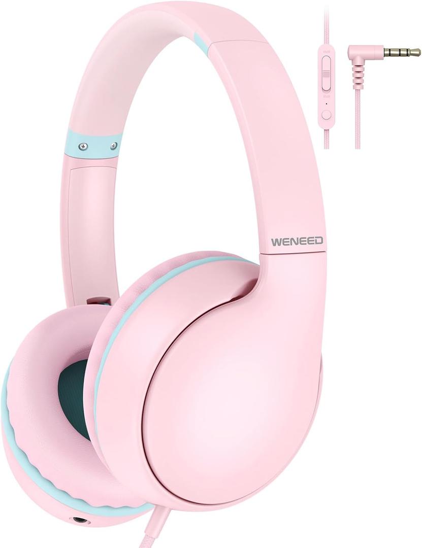 weneed Kids Headphones Wired with Microphone, Over Ear 85/94dB Volume Limited Headphones with Share Port, Stereo Sound Foldable Headset for Teens/Boys/Girls - Pink