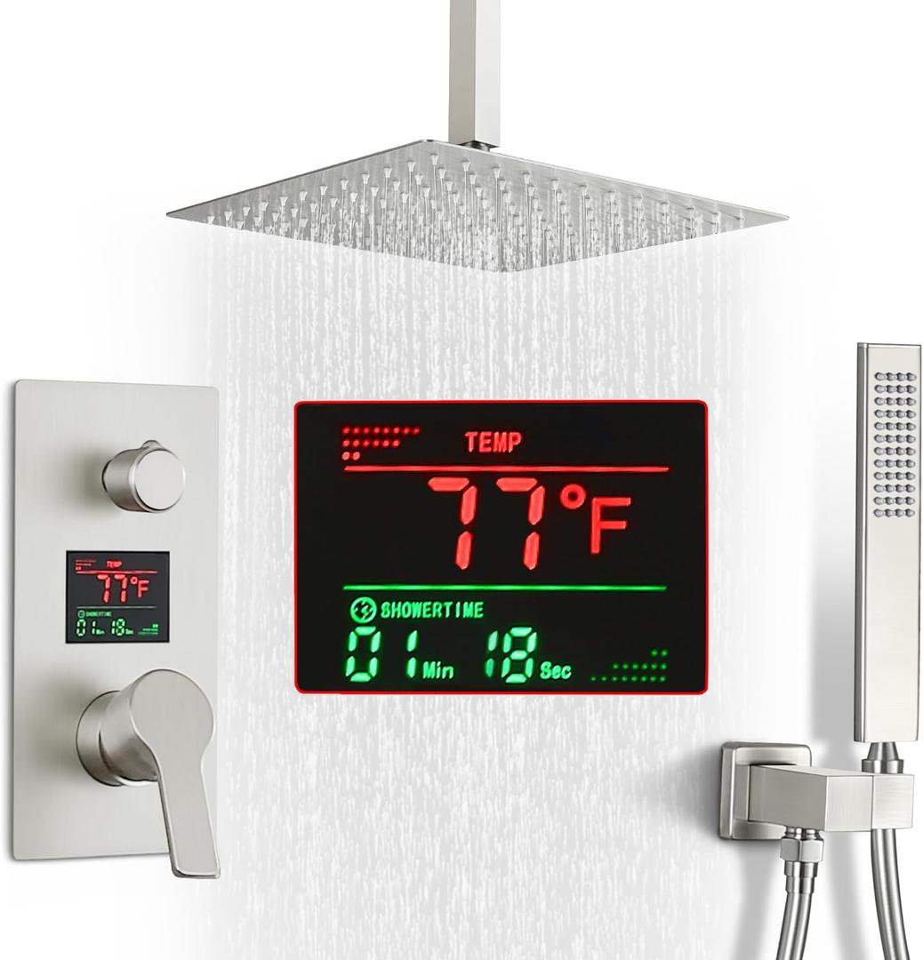 SKWOLL Brushed Nickel Shower Faucet Set Rain Shower Head Digital Shower System 12 Inch Ceiling Mount Shower Head with 2 Function LCD Display Valve Kit