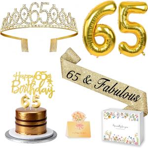 65th Birthday Decorations for Women with 65th Birthday Sash and Crown, Number Balloons, Birthday Card, Cake Topper and Candles, 65 Year Old Female Gifts for Her, Gold