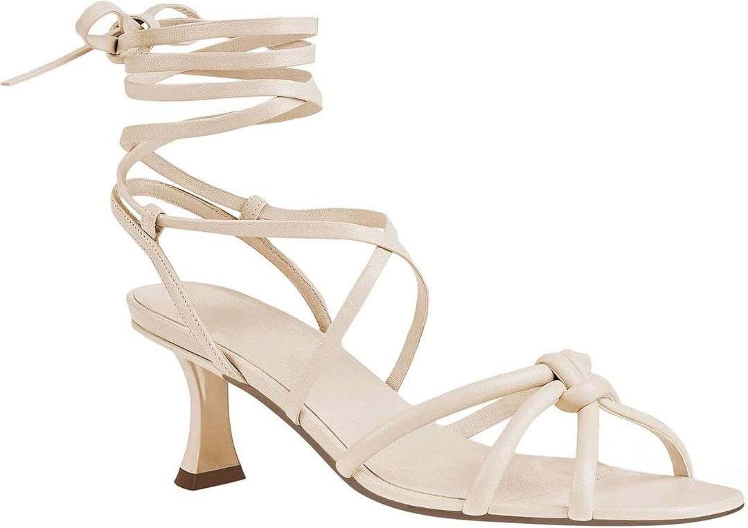 Coutgo Womens Strappy Heels Kitten Heel Lace Up Sandals Open Square Toe Knot Fashion Heeled Sandal Shoes (9.5, Light Khaki)