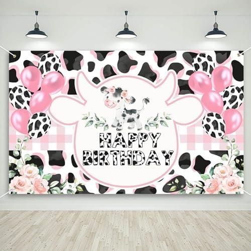 Mocsicka Cow Birthday Banner for Girls Pink Holy Cow Print Backdrop Party Decoration Cow Spot Balloon Birthday Photography Background (Pink, 70.8 x 43.3 Inch)