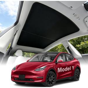 Sunshade Roof for Tesla Model Y 2020-2025 Accessories, Upgraded Carbon Steel Frame [No Sagging] Heat Insulation Glass Sunroof Cover, Dual Layer Cooling Fabric, 2PCS, Interior Black