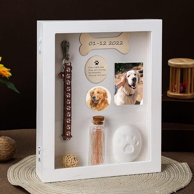 Pet Memorial Shadow Box for Dog Cat with Wood Picture Frame Pet Print Kit Urn Ashes Fur Jar Case for Loss Dog Remembrance Memory Keepsake Gift for Animal Lovers(White,8 x 10 Inch)