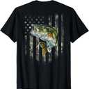 (Art on Back) American Flag Camo Bass Fish Fishing T-Shirt, Size Small