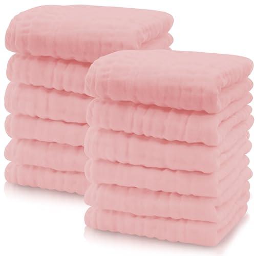 Cute Castle 12 Pack Muslin Baby Washcloths - Large 12'' by 12'' - Ultra Soft 100% Cotton - Super Absorbent Burp Cloths for Unisex, Boy, Girl -Pink
