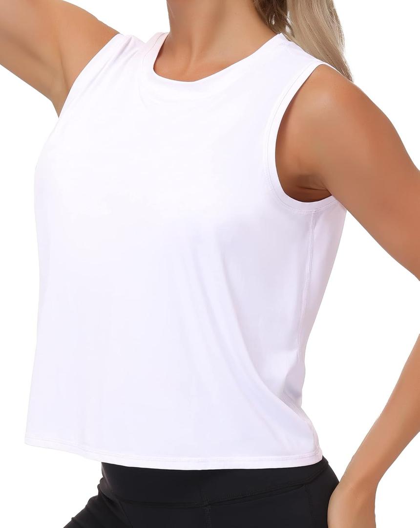 e Silk Workout Tops for Women Quick Dry Muscle Gym Running Shirts Sleeveless Flowy Yoga Tank Tops (White, Small)