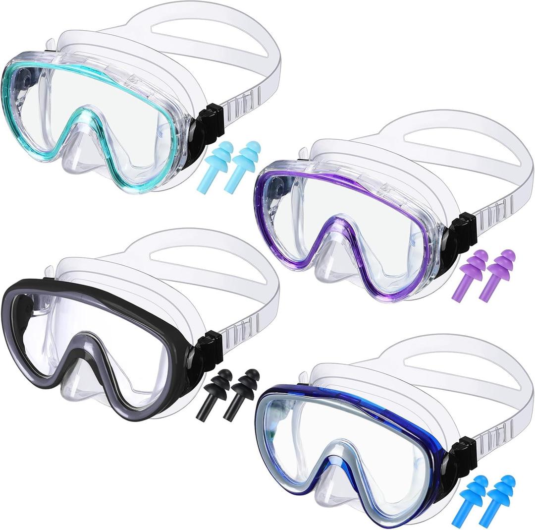 4 Pack Adult Swim Goggles with Nose Cover and Earplugs, Anti Fog Tempered Glass Diving Mask, Wide View Waterproof Snorkeling Goggles for Men Women Teens Swimming Pool Beach Vacation(Cute Color)