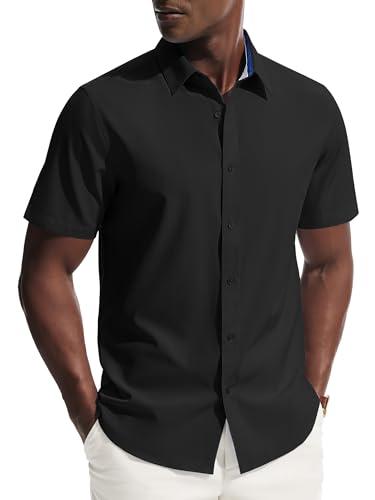 PJ PAUL JONES Men's Short Sleeve Button Down Shirts Wrinkle Free Untucked Dress Shirts for Men Stretch Collared Shirt Solid Regular Fit Black, 2 XL