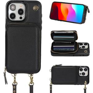 Bocasal Crossbody Wallet Case for iPhone 15 Pro Max, RFID Blocking Leather Purse Case with Card Holder, Protective Handbag Flip Cover with Zipper Wrist Strap Lanyard for Women 5G 6.7 Inch (Black)