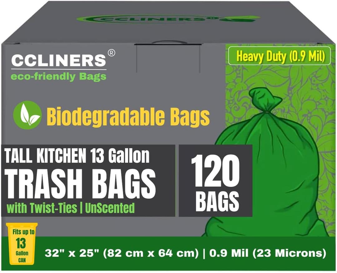 Tall Kitchen Biodegradable Trash Bags 13 Gallon (120 Bags) Eco-friendly Medium Green Garbage Bag 55 Liter Landfill-Friendly Can Liners Portable Camping Toilet Bags Made With epi (120 count)