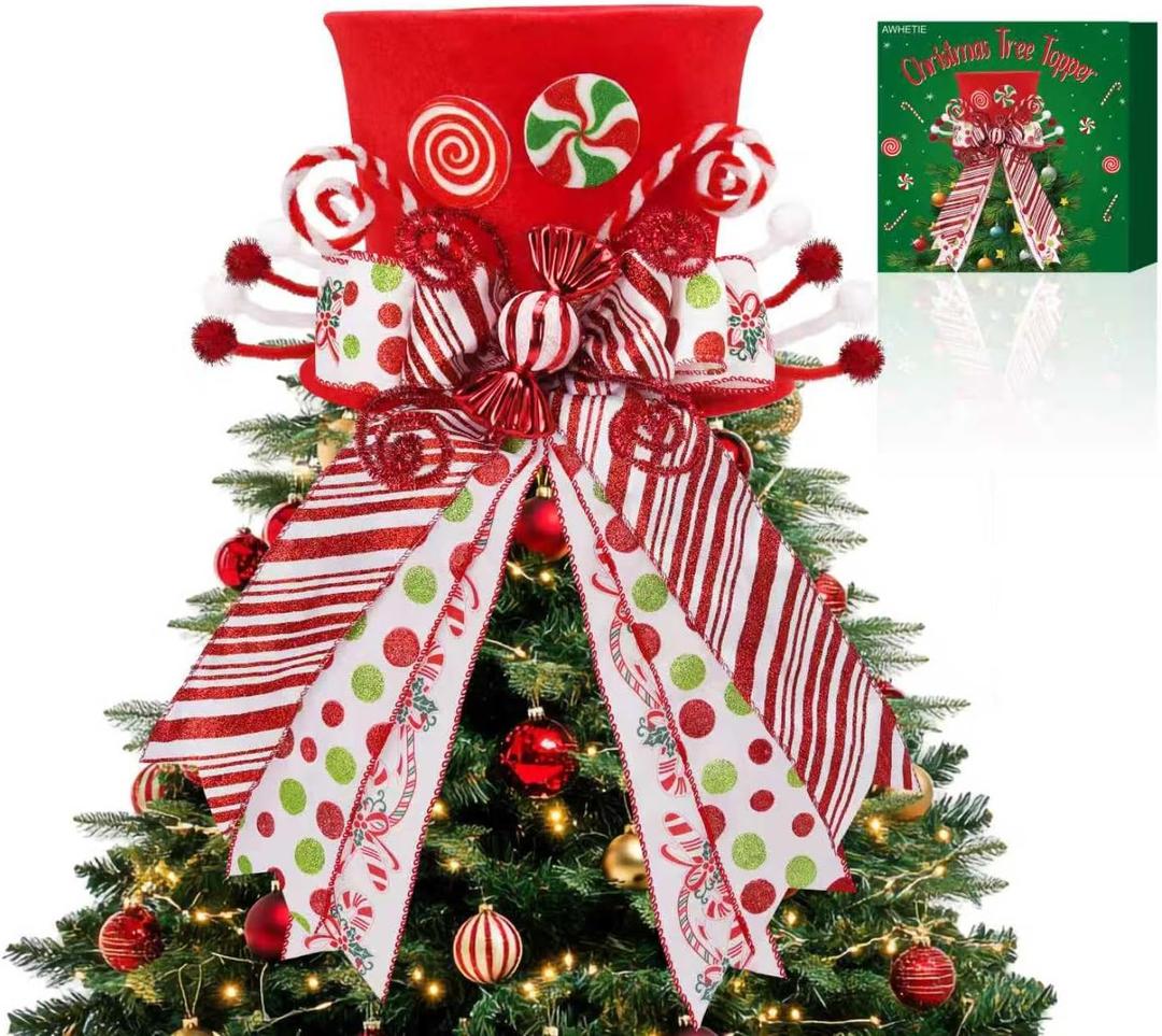 Candy Cane Christmas Tree Topper,Candy Cane Christmas Decorations,Velvet Red Hat with Peppermint Bows Ribbon Ornaments,Top Hat Christmas Tree Topper for Holiday Xmas Decorations (Red)