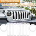 Front Grille Mesh Inserts & Headlight Cover for Jeep Wrangler JL JLU Unlimited Sport/Sports 2018-2023 Exterior Accessories Clip-in Grille Guard Cover Headlight Bezels Trim Ring (White 9PCS)