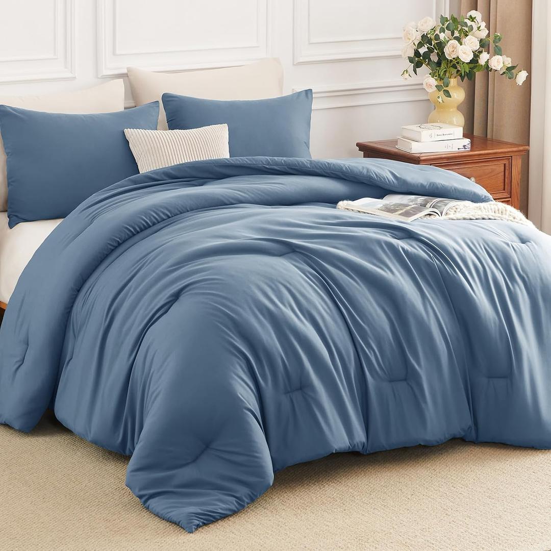 Queen Comforter Set 3 Piece, 270GSM Down Alternative Fill, Oeko-TEX Certified, 100% Microfiber, Quilted with 8 Corner Ties, All Season Bedroom Decor Bedding with 2 Pillowcases, Grayish Blue