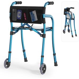 Narrow Walkers for Seniors with Seat, Lightweight Folding Space Saver Mobility Rolling Walker,Height Adjustable Standard Walker with Aluminum Frame, 5-inch Wheels, Compact Travel Walker (Blue)