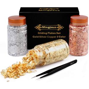 Gilding Flakes Set,Gold Foil Flakes for Resin,3 Bottles Metallic Foil Flakes for Resin Jewelry Making,Nails,Painting Art,Crafts and Slime(Gold, Silver, Copper Colors)