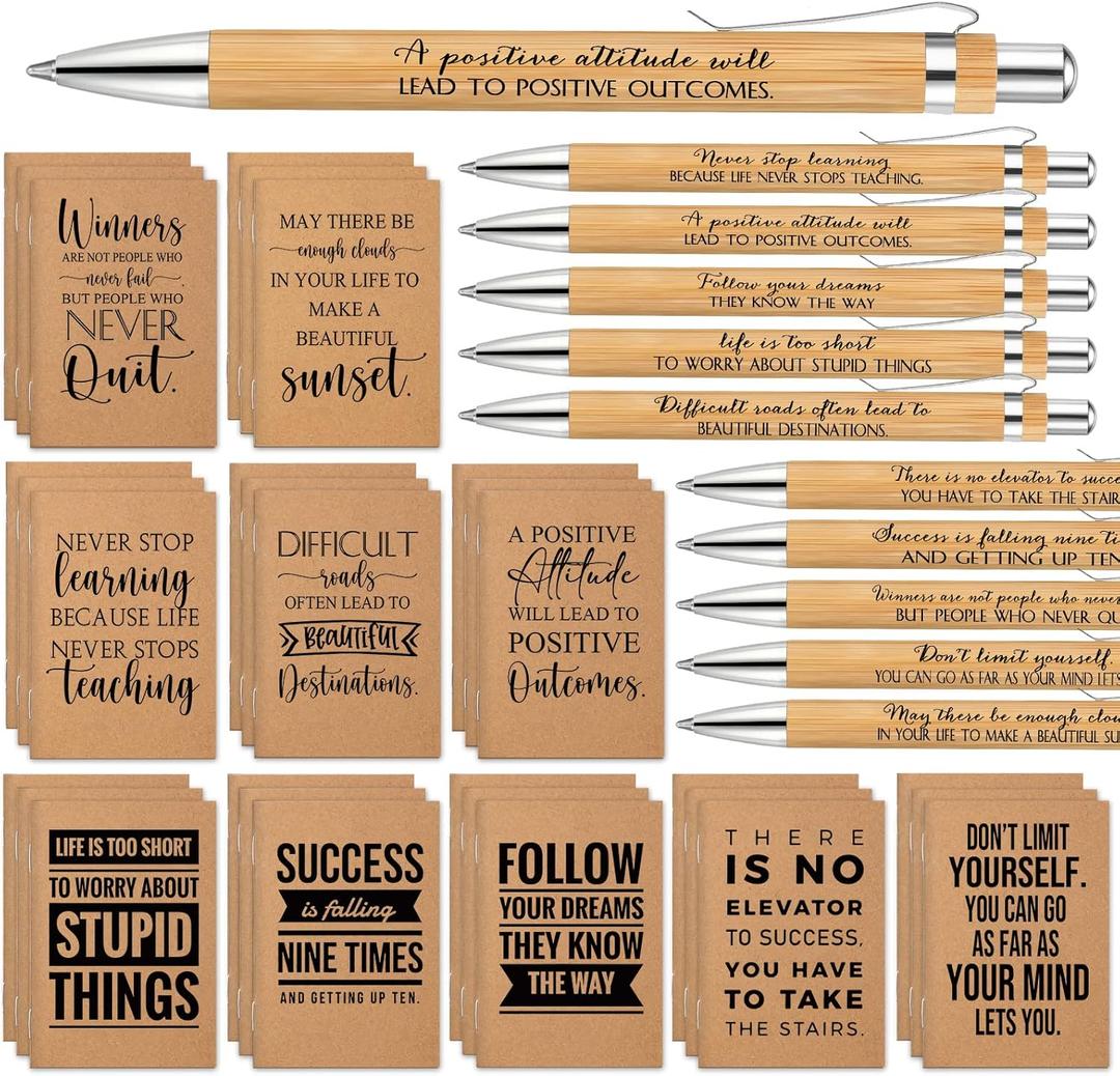 PerKoop 120 Pcs Inspirational Notebooks Motivational Pens Thank You Wood Bamboo Pen Kraft Notebooks Employee Appreciation Gifts Bulk Pocket Journals Party Favors for Adults secretaries Team (Quotes)