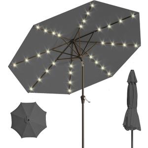 9FT Solar Umbrella 32 LED Lighted Patio Umbrella Table Market Umbrella w/Tilt and Crank, UV-Resistant Outdoor Umbrella for Pool, Garden, Deck, Gray