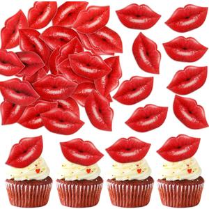 Ercadio 40 Pack Edible Valentines Day Cupcake Toppers Edible Red Lip Cupcake Toppers Valentine Cake Drink Topper for Wedding Theme Bachelorette Party Bride to Be Cake Decoration Supplies