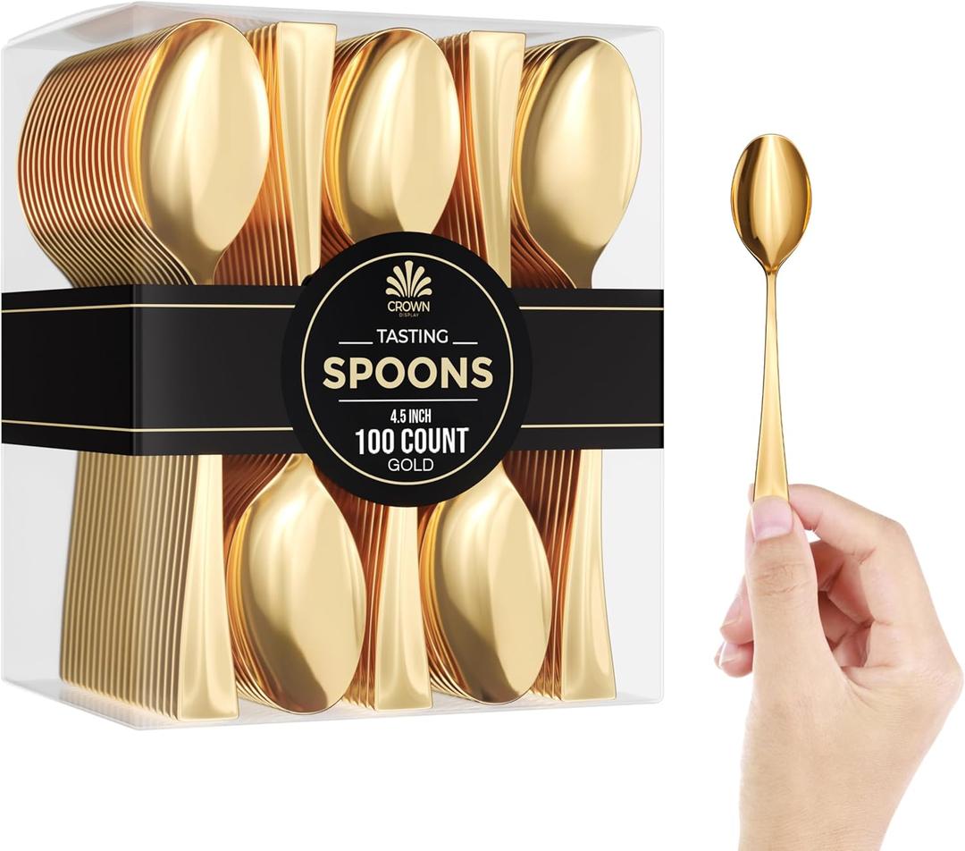 EXQUISITE Mini Spoons For Desserts - Bulk Pack Of 100 Gold Dessert Disposable 4.5 Inch Plastic Appetizer Real Flatware Look Miniature Gold BPA Free Food SafeSafe EXQUISITE Mini Spoons For Desserts - Bulk Pack Of 100 Gold Dessert Disposable 4.5 Inch Plastic Appetizer Real Flatware Look Miniature Gold BPA Free Food SafeSafe