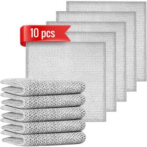 2 x 10pcs Double Layer Multifunctional Non-Scratch Wire Dishcloth, Multipurpose Wire Dishwashing Rags, Silver, Nylon/Polyester
