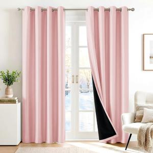 Deconovo 100% Blackout Curtains with Black Liner, Thermal Insulated NoiseReducing Grommet Drapes, DoubleLayer Room Darkening for Bedroom, Nursery, Home Office, 2 Panels, Crystal Pink, 52W x 84L