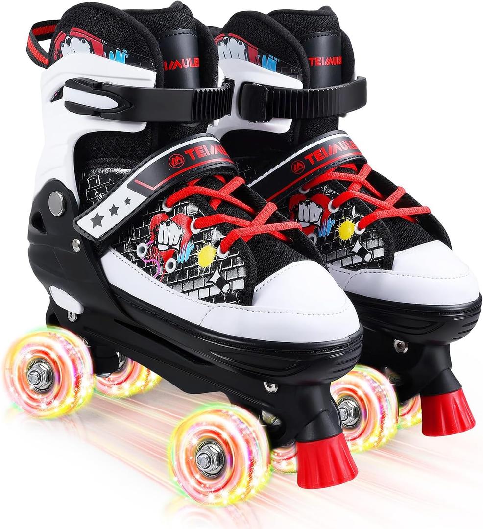 Kids Roller Skates, 4 Size Adjustable Quad Skates with All Light Up Wheels, 10C to 8 Rollerskates for Toddlers, Beginners, Boys, Girls, Outdoor, Indoor (Black)