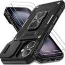 DEERLAMN Case for iPhone 16 with Slide Camera Cover+Screen Protector (2 Packs), Rotated Ring Kickstand Military Grade Shockproof Protective Cover-Black