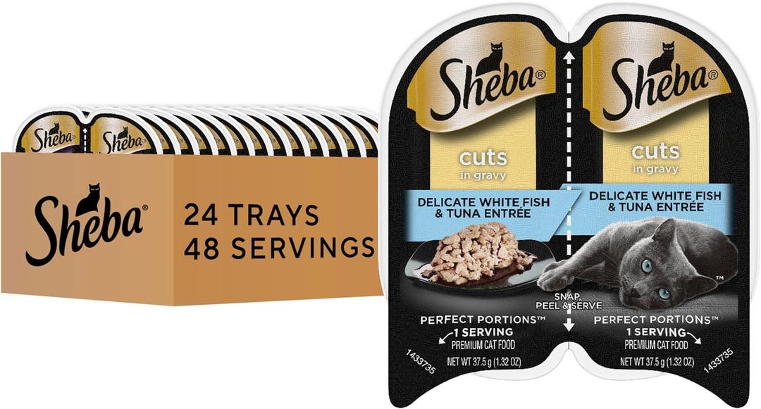 Sheba Perfect Portions Wet Cat Food Cuts in Gravy, Cat Food Wet Recipe, Delicate White Fish & Tuna, 2.6 oz. Twin-Pack Trays (24 Count, 48 Servings) (EXP 05/30/28)