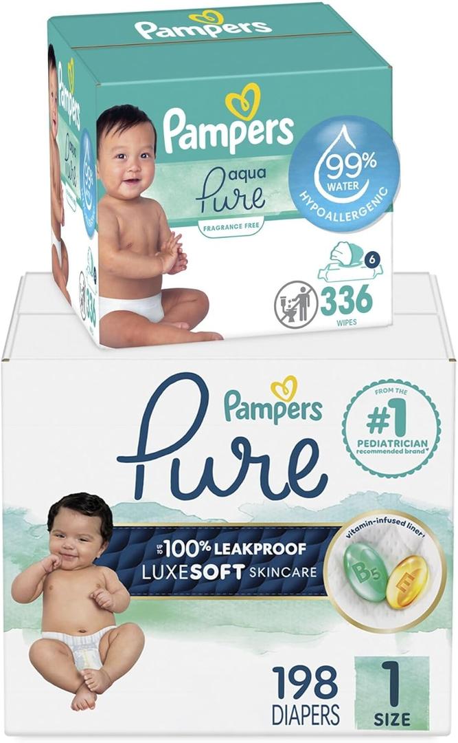 Pampers Pure Protection Disposable Baby Diapers Size 1, 198 Count with Aqua Pure Baby Wipes, 6X Pop-Top Packs (336 Count)