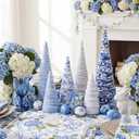 Civaner 6 Pcs Blue White Easter Decor Chinoiserie Velvet Trees Set Vintage Tabletop Cone Tree Farmhouse Easter Tiered Tray Ornament for Holiday Entryway Tabletop Centerpiece Decor