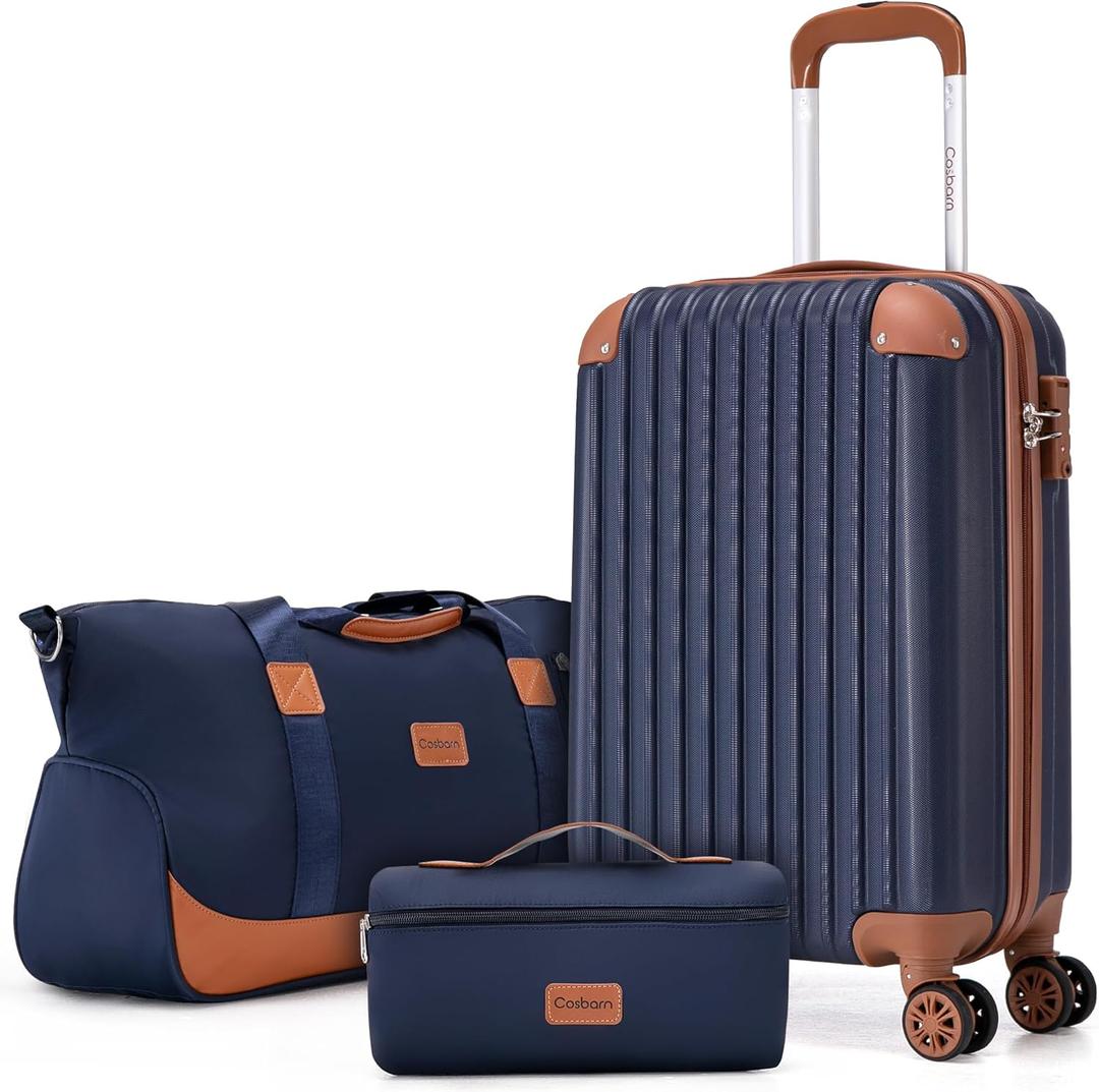Cosbarn Carry On Luggage Sets 3 Piece, 20 Inch Luggage 22x14x9 Airline Approved with Wheels and TSA Lock, ABS Lightweight Hardshell Travel Suitcase Set with Duffel Bag Travel Bag for Men Women