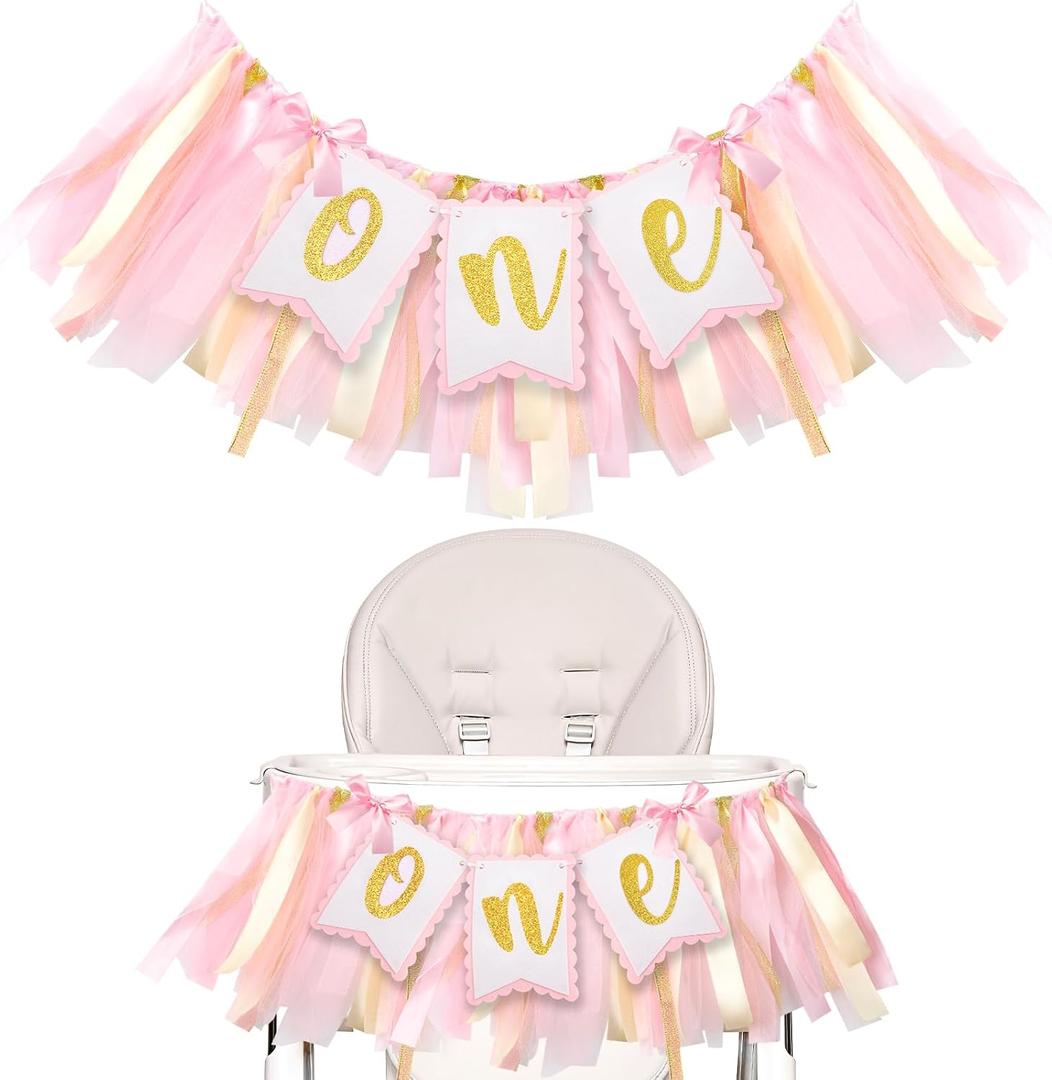 1st Birthday Girl Highchair Banner Pink High Chair Banner Girl First Birthday Banner Garland for Girl One Year Old Birthday Party Decoration for Princess Fairy Baby Photo Prop Party Decor
