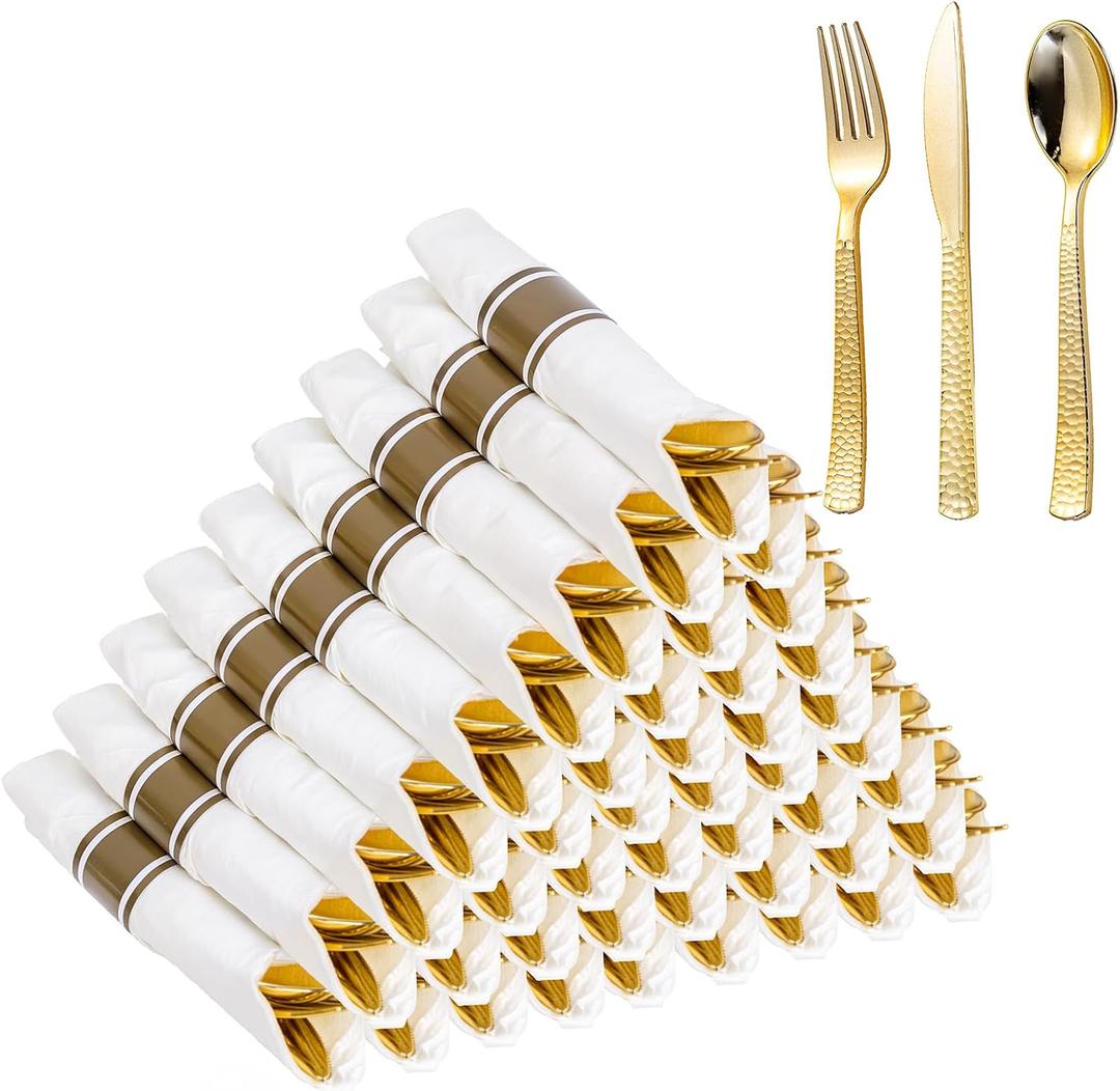 WELLIFE 75 Pack Gold Plastic Cutlery,Pre Rolled Silverware Set Disposable,Gold Disposable Utensils,Includes: 75 Forks, 75 Knives, 75 Spoons, 75 Napkins, Plastic Silverware