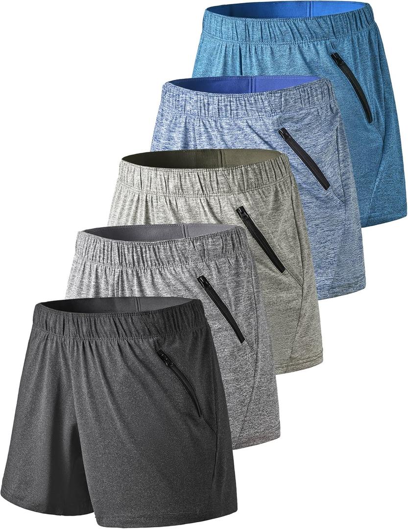 5 Pack: Women's Workout Gym Shorts Casual Lounge Set, Ladies Active Athletic Apparel with Zipper Pockets (Medium, Heather Black/Gray/Blue)
