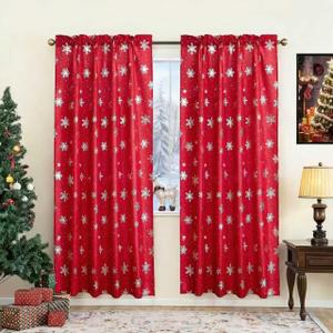 Christmas Curtains for Living Room, Luxury Snowflake Silver Foil Print Curtains, Rod Pocket Window Drapes Decorations for Bedroom and Home Decor, 2 Panels Red 52W x 84L