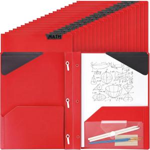 PerKoop 24 Pack Plastic Folders with 3 Prongs, Heavy Duty, Red
